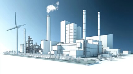 Industrial Power Plant with Wind Turbine and Futuristic Design Elements