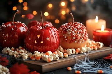 Red caramel apples with sprinkles and popcorn arranged on festive table