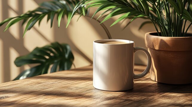 Coffee mug mockup with personalized logo and artistic design placed next to a plant