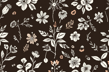 Vintage Floral Pattern with White and Beige Flowers on Dark Brown Background
