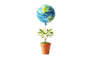 Creative depiction of an Earth-shaped balloon attached to a seedling pot symbolizing the nurturing of our planet and the importance of sustainability isolated on white background PNG