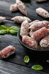 Mini Salami Snacks in bowl. Salami Appetizer Bites. Healthy food