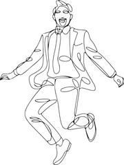 Fototapeta premium A joyful continuous line art drawing of a man in a suit jumping high in the air expressing happiness and success captured in a simple black and white minimalist vector illustration