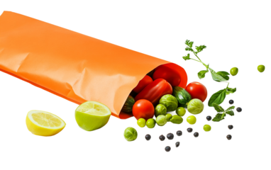 Organic eco market paper bag overflowing with fresh vegetables symbolizing the importance of reducing waste and supporting local produce isolated on white background PNG