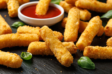 Crispy Halloumi cheese sticks with tomato sauce.