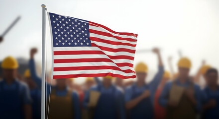 Waving Flag with Group of Construction Workers Behind