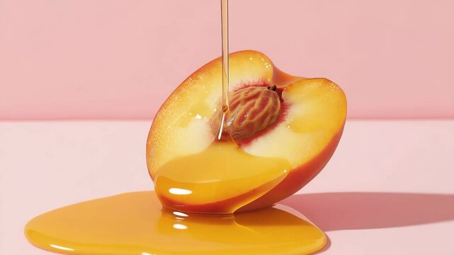 Drizzling honey on a halved peach kitchen counter food photography minimalist environment close-up viewpoint freshness concept