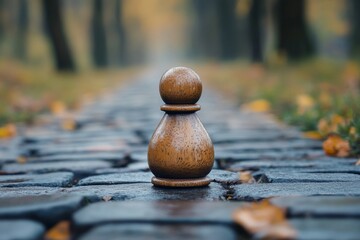 Single wooden pawn on chessboard with blurred outdoor background