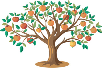 A vibrant vector art illustration featuring a neatly pruned fruit tree, showcasing lush green leaves and colorful, ripe fruits in detail.