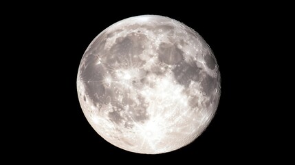 Fototapeta premium Bright full moon illuminating night sky, showcasing craters and surface details, serene cosmic beauty with space for text.