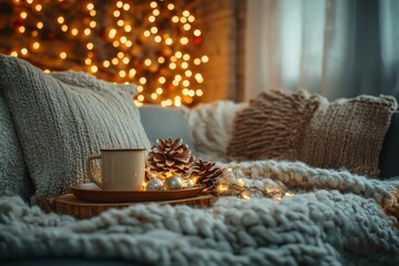 Cozy living room interior with burning candles soft blankets and Christmas decorations