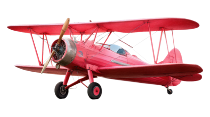 Red Biplane: A meticulously detailed, photorealistic image of a classic red biplane, set against a backdrop of open sky. The image captures the vintage charm of aviation.