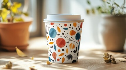 Sticker mockup on reusable cup with trendy design and geometric shapes