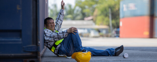 First aid support accident at work of worker at factory. Male worker has an accident on the floor...
