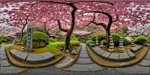 Zen garden, Sakura trees, Japanese pagoda. Full 360 degrees seamless spherical panorama HDRI equirectangular projection. Texture environment map for lighting, reflection source rendering 3d scenes