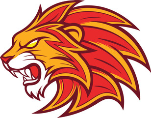 Obraz premium Fierce lion head logo vector silhouette black with vibrant orange and red mane and intense yellow eyes 