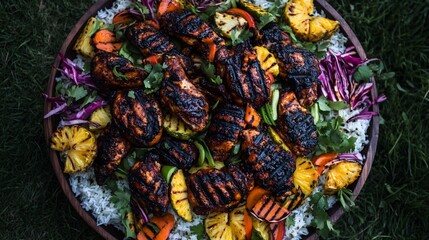 Fototapeta premium Grilled chicken and vegetables served over rice