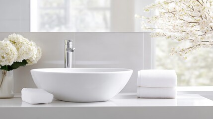 Modern, pristine bathroom sink vanity with white accents.  Fresh flowers and towels add a touch of elegance