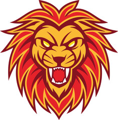  Fierce lion head logo with vibrant flame like mane and snarling expression for esports team