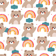seamless pattern cute cartoon bear with rainbow, clouds and sky element. cute animal pattern for wallpaper and background