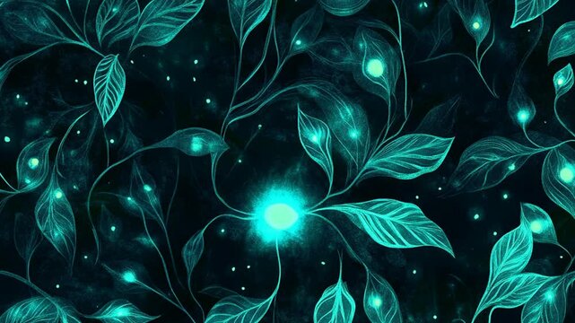 Seamless loop of teal glowing leaves and swirling vines.