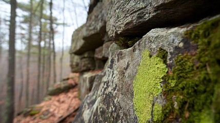 Nature enthusiast exploring rugged terrain, textured rock formations adorned with vibrant moss, inviting outdoor adventure and discovery.