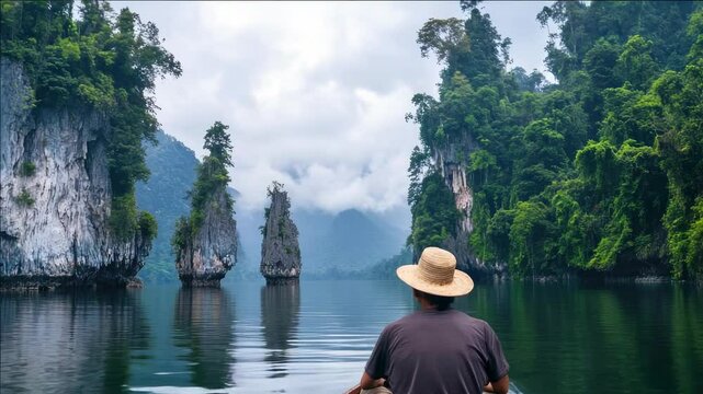 Male tourist wearing a straw hat rowing in Halong Bay, Vietnam.