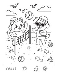 Cute playful cat and dog on a beach vacation, color and count worksheet for preschool kindergarten