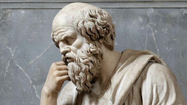 Sculpture of thoughtful male philosopher resting chin on hand, intricate details of marble face, hair, and beard, ancient intellectual