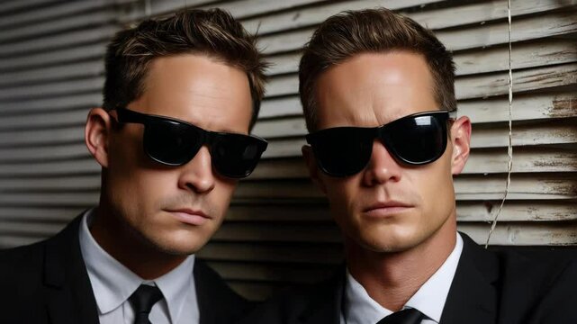 Two serious men in black suits and sunglasses posing in front of window blinds looking at camera, business concept and style