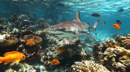 Fototapeta premium A shark swimming near a coral reef surrounded by colorful fish