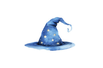 Watercolor wizard hat with stars and moon details, transparent background