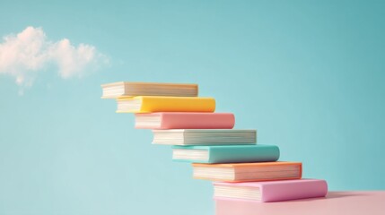 Fototapeta premium Colorful Book Staircase Ascending to Sky Symbolizing Limitless Education