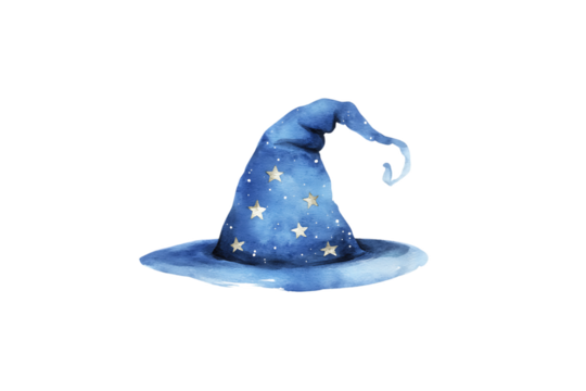 Watercolor wizard hat with stars and moon details, transparent background - Powered by Adobe