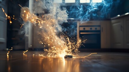 Electrical sparks erupt from faulty wiring in a kitchen, creating a hazardous situation leading to potential fire