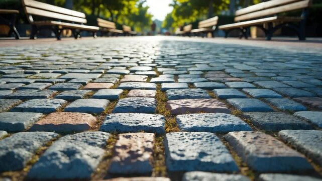An expansive cobblestone path showcasing different textures beneath a clear blue sky, flanked by trees and seating.