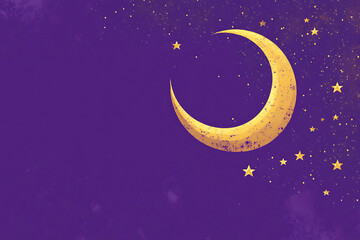 Fototapeta premium A serene purple night sky adorned with a golden crescent moon and twinkling stars in the background