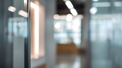 Dynamic blurred office interior with doorway modern workspace professional setting perspective