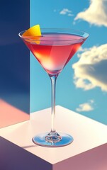 A glass with a cocktail placed in front of a mirror that reflects sky and clouds in the background. Summer aesthetic surreal composition. Party concept.