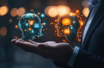 Human-AI Interaction, digital communication.  Hands hold holographic AI heads, symbolizing connection and conversation