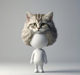 Obraz premium Surreal 3D Render of a Featureless Humanoid Figure with an Oversized Gray Tabby Cat Head