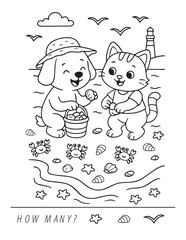 Cute playful cat and dog on a beach vacation, color and count worksheet for preschool kindergarten