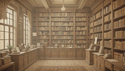 Grand Vintage Library with Wooden Bookshelves and Soft Sunlight