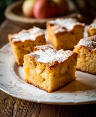 A close-up of the freshly baked, golden-brown apple cake cut into squares on an elegant white plate
