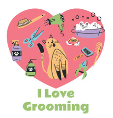 Pet cat dog grooming concept. Graphic design illustration