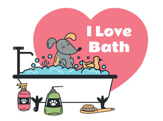 Cat dog pets taking bath. I Love bath grooming concept. Graphic design illustration
