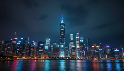 Obraz premium Guangzhou Skyline at Night: Illuminated Skyscrapers Reflecting i