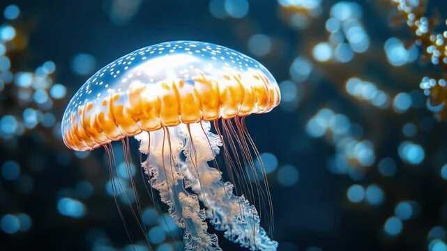 A captivating image showcases a mesmerizing jellyfish, its translucent bell illuminated against a backdrop of deep blue waters.