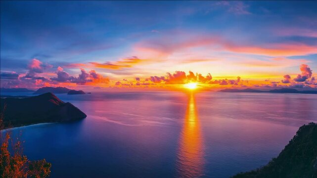 Breathtaking sunset over ocean with reflection, island silhouette and calm waters; a tranquil beachscape for relaxation or travel.