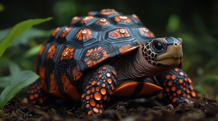 A tortoise with a shell adorned in patterns of nature crawling in the wild